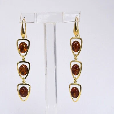 ORECCHINI IN ARGENTO 925 DORATO E AMBRA TRIANGOLI PENDENTI AGHT 0672 - Immagine 1 di 3