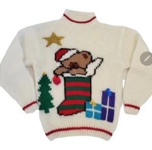Vintage Christmas Sweater Teddy Bear Handknit Stocking Cream Kidcore Sz S/M - Picture 1 of 10