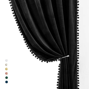 Treatmentex Pompom Black Velvet Curtains for Bedroom Windows 84" Long Decorat... - Picture 1 of 8