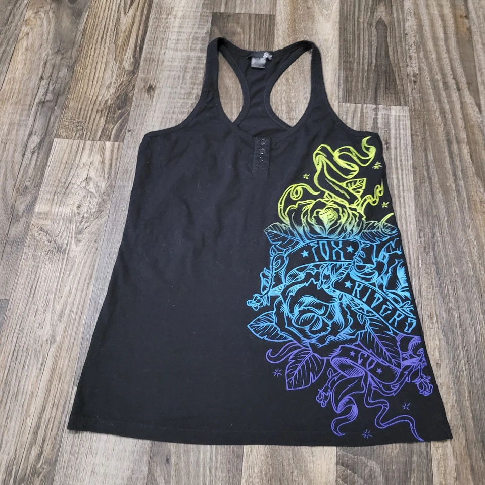 Y2K Fox Racing Women’s Tank Top Black Purple Logo Rose Graphic Large - Image 1 of 4