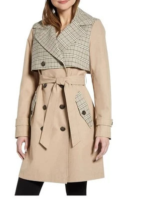 Ellen Tracy Coat Raincoat Double Breasted Trench Women XL Khaki Mixed Media NWOT - Image 1 of 4