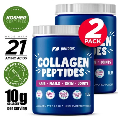 Peptídeos de colágeno Perfotek 2 lb (pacote com 2) tipos 1 e 3 unhas de cabelo sem sabor articulação - Imagem 1 de 4