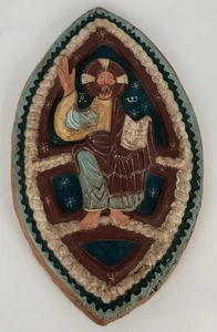 Vintage rote Tonfliese Terrakotta Jesus Christus handgefertigt & bemalt Wandrelief - Bild 1 von 12