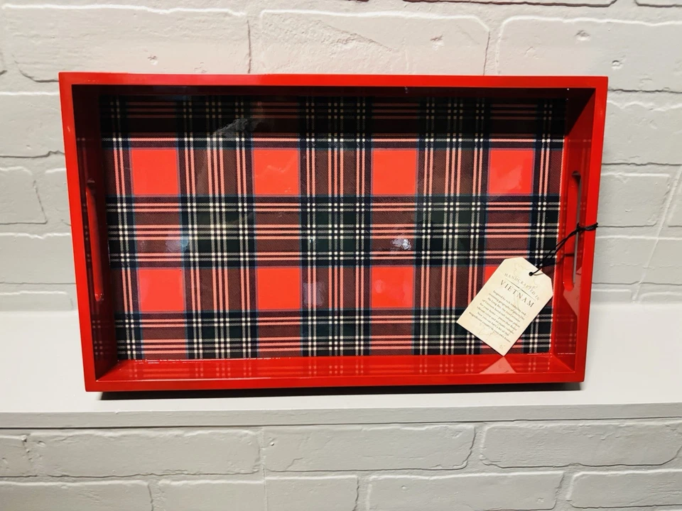 NWT Ralph Lauren Inspired Handmade Red Wooden Plaid Lacquered Serving Tray - Image 1 of 4