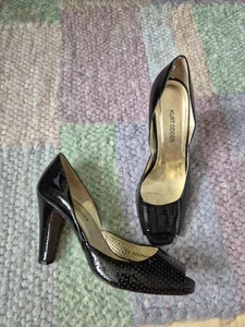Kurt Geiger Black Leather Patent Peep Toe Party Heels Size 5 - Picture 1 of 9