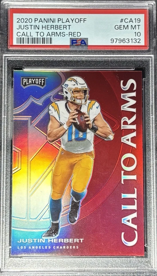 2020 Panini Playoff Justin Herbert Call To Arms Red Prizm Rookie RC PSA 10 - Image 1 of 2