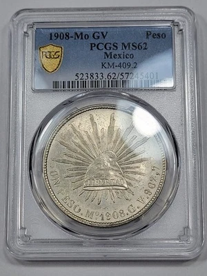 1908 Mo GV Mexico Silver 1 Peso PCGS MS62 Mint State Certified Nice *M49 - Image 1 of 3