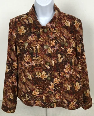Chaqueta Christopher n Banks Mujer Talla PL Marrón Tostado Hoja Patrón Bolsillos Botón Foto 1 de 4