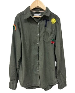 Tractr Girl's Shirt Size L 14-16 Pearl Snap Olive Green W Patches Retro Hippie - Picture 1 of 8