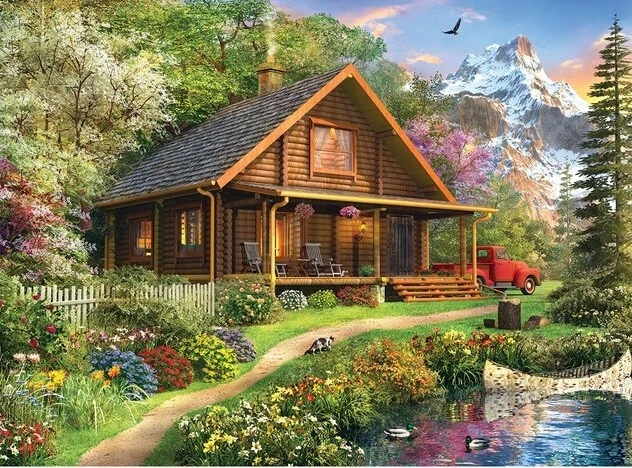 Jigsaw Puzzle Landscape Mountan Cabin Vacation Retreat 500 piece NEW 19"x14" - Image 1 of 1