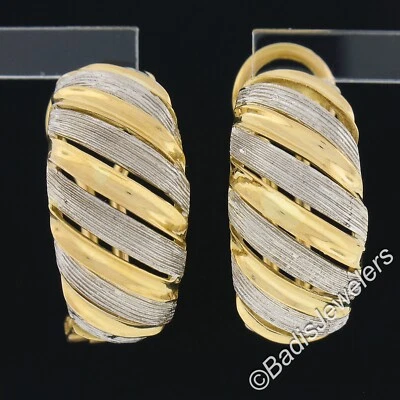 Italian 18k TT Gold Large Wide 11.2mm Textured Domed Omega Back Cuff Earrings - Image 1 of 4