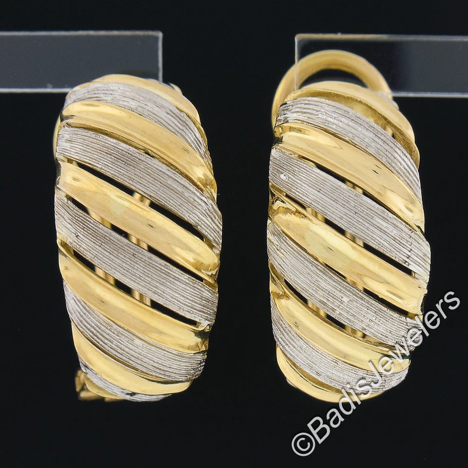 Italian 18k TT Gold Large Wide 11.2mm Textured Domed Omega Back Cuff Earrings - Image 1 of 4