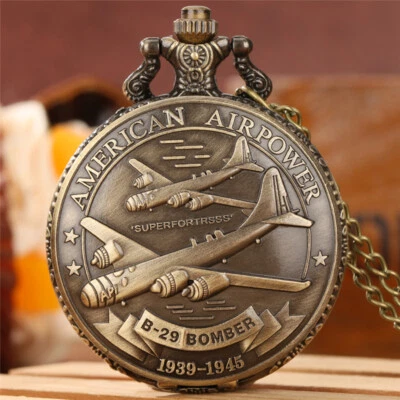 Retro B-29 Aircraft Men's Quartz Pocket Watch Military Necklace Chain Watches - Image 1 of 4