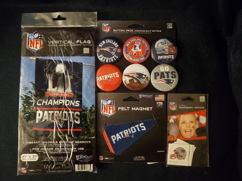 NEW ENGLAND PATRIOTS CUSTOM MIXED GEAR. FLAG, FELT MAGNET, BUTTONS, TEMP TATTOOS Cover