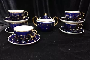 ANTIK SELTENE RUSSISCHE PORZELLAN KORNILOV 5 TASSEN UNTERTASSE ZUCKERDOSE KOBALTBLAU GOLD - Bild 1 von 14