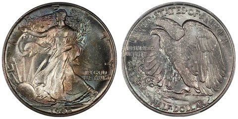 1945 Walking Liberty Half Dollar- PCGS MS66, Superb Gem BU, Awesome Color Toned! Cover