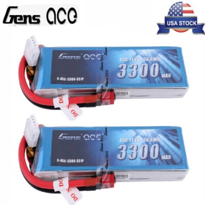 2X Gens Ace 3300mAh 11.1V 45C 3S Lipo Battery T plug For RC Glider 3D plane New - Image 1 of 4