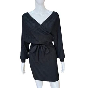 Love Tree Sweater Dress with Sash Belt Black V Neck Off Shoulder Mini Size 2X/3X - Picture 1 of 10