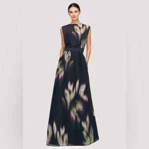Vestido de Noche Kay Unger Tess Línea A Chifón Estampado Abstracto Diseñador Talla 6 - Imagen 1 de 7
