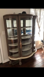 Antique Tiger Oak Curved Glass Front And Sides China Curio Cabinet Original Key - Picture 1 of 1