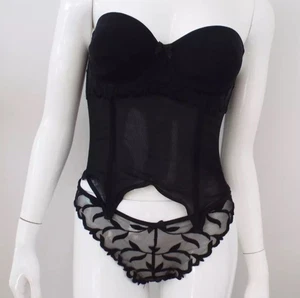 VTG 1980s Simone Perele Nylon Black Lace Bustier 3 Piece Lingerie Set 34D Medium - Picture 1 of 24