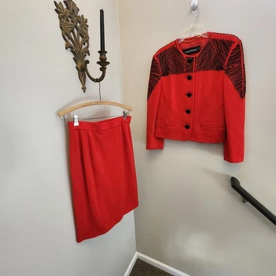 Vtg Louis Feraud Womens Skirt Suit Red Embroidered 100% Wool Old Money Business - Image 1 of 4