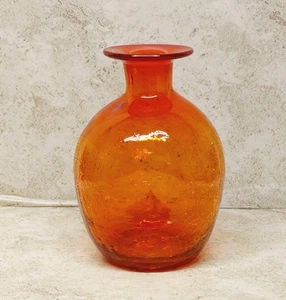 Vintage Hand Blown Crackle Glass Bottle Orange Dimpled 7.5" No Stopper - Picture 1 of 19