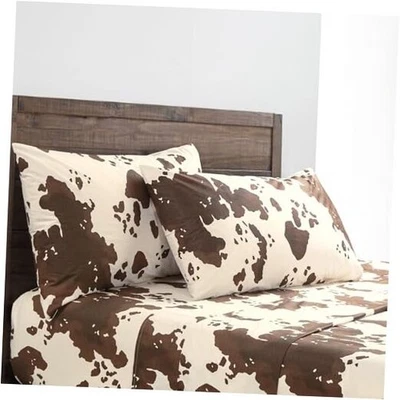  Juego de sábanas de cuero de vaca Elsa Western de 4 piezas con estampado de vaca King crema, marrón Foto 1 de 4