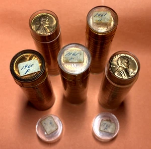 Lot of 5 Different RED GEM BU Lincoln Cent Rolls, 1960D, 1961D, 1960P, 1961P, 62 - Picture 1 of 2