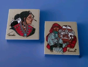 Set Cleo Teissedre Native American Indian Tiles Trivets Woman w Squash Necklace - Picture 1 of 7