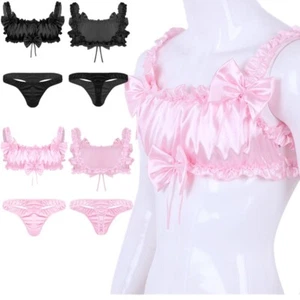 Men Sissy Lingerie Set Frilly Satin Bra Crop Top with Briefs Suit Sexy Underwear - Picture 1 of 39
