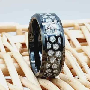 Black Tungsten Ring Honeycomb Patten Band Unique Meteorite Wedding Ring For Man - Picture 1 of 7