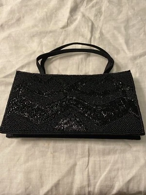 VINTAGE 60S FARFALLA COLLECTION BLACK BEADED EVENING BAG HAND/SHOULDER STRAPS - Image 1 of 4