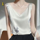 Women Floral Satin Tank Top Faux Silk Vest V Neck Sleeveless Tee Shirt Summer