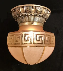 Antique Vtg Greek Key Victorian Flush Mount Ceiling Hall Porch Light Fixture - Picture 1 of 12