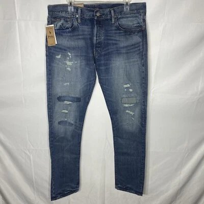 Pantalones de mezclilla desgastados calce ajustado Polo Ralph Lauren Sullivan para hombre 34x34 retazos Foto 1 de 3