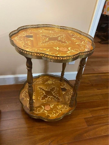 Vintage Italian inlaid Lacquered 2 tier wood table with brass accent trim Cover