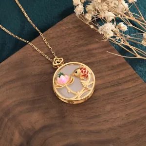 Natural Jade Lotus Pendant Necklace 18K Gold Plated Real Jewelry Vintage - Picture 1 of 5