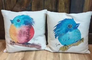2er Set Inga Aquarell Vögel Dekokissen 16" x 16" Akua Stil Design Sofa - Bild 1 von 9