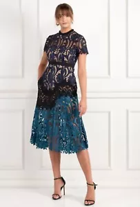 SELF-PORTRAIT 'Prairie' Midi Dress Size 6 Guipure Lace Black Navy & Turquoise - Picture 1 of 16