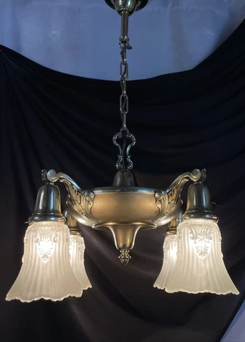 RESTORED Antique Vtg Art Craft Deco Victorian Brass Chandelier Hanging Pan Light Cover