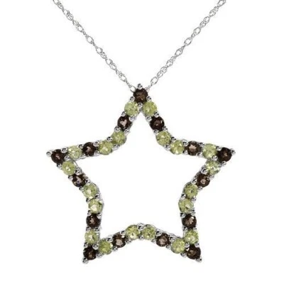 SUPERB SOLID 10K WHITE GOLD GENUINE PERIDOT AND TOPAZ STAR NECKLACE  U$710 - Image 1 of 2