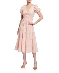 Alice + Olivia Tia Puff-Sleeve Smocked-Waist Pink Midi Dress Size 10 Boho Womens - Picture 1 of 13