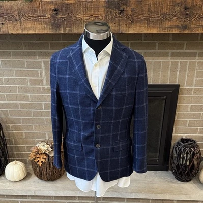 Phineas Cole by Paul Stuart mens 38S blue plaid wool silk 3-button sport coat - Image 1 of 4