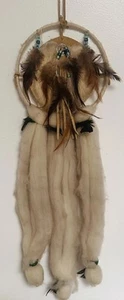 Vintage Neu mit Etikett 27 Zoll Indianer Indianer Traumfänger Mandella Wolle Fell Leder Perlen - Bild 1 von 9