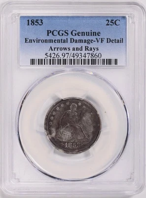 1853 Seated Liberty Quarter 25c Arrows and Rays PCGS VF Details - Image 1 of 2
