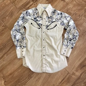 Vtg Larry Mahan Western Pearl Snap Beige Shirt Women Size 5 Long Sleeve Floral - Picture 1 of 11