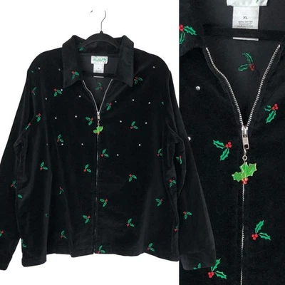 Quacker Factory Womens Christmas Holly Embroidered Cotton Velour Zip Jacket XL - Image 1 of 4