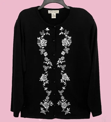 Cárdigan Suéter Botón Vintage Negro con Acentos Plateados Lentejuelas Cuentas Vacaciones Talla 2X Foto 1 de 4