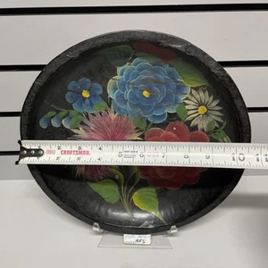 Vintage Batea Black Carved Wood Painted Floral 11" Mexican Tole Bowl - Picture 1 of 11